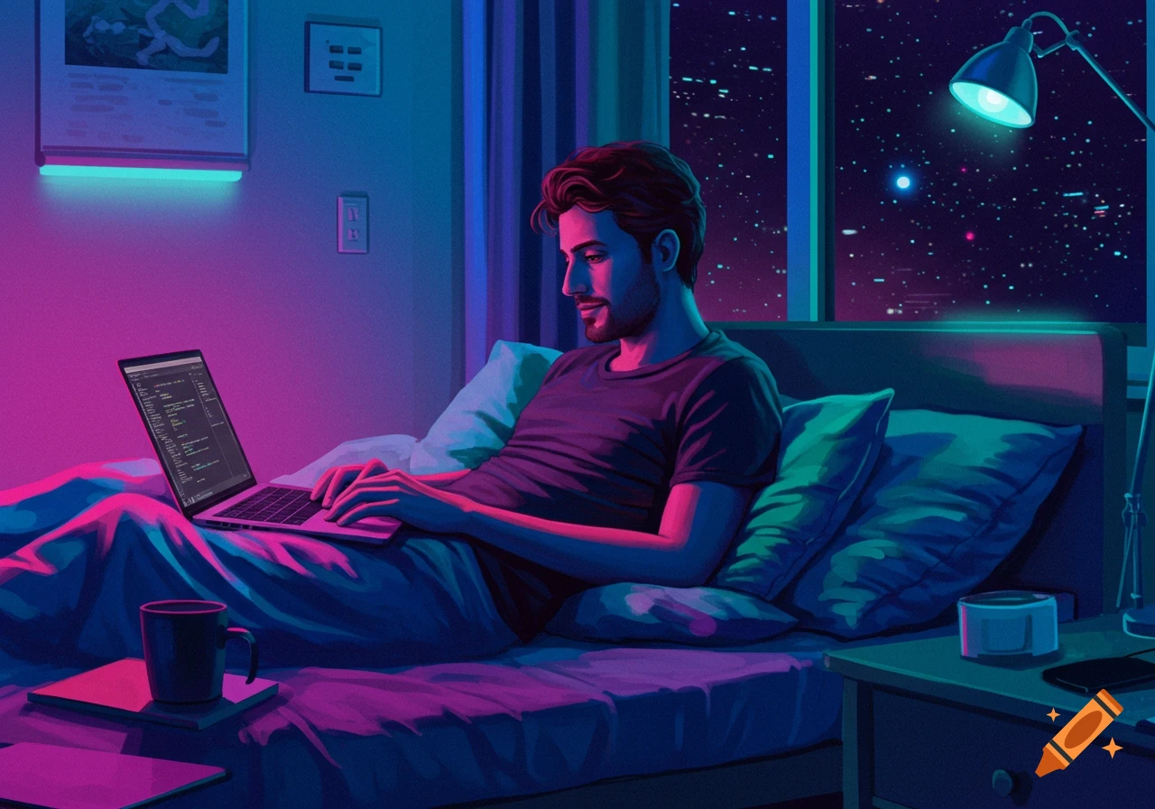 A man codes on a laptop while lying in bed at night, lit by neon lights in a synthwave style.