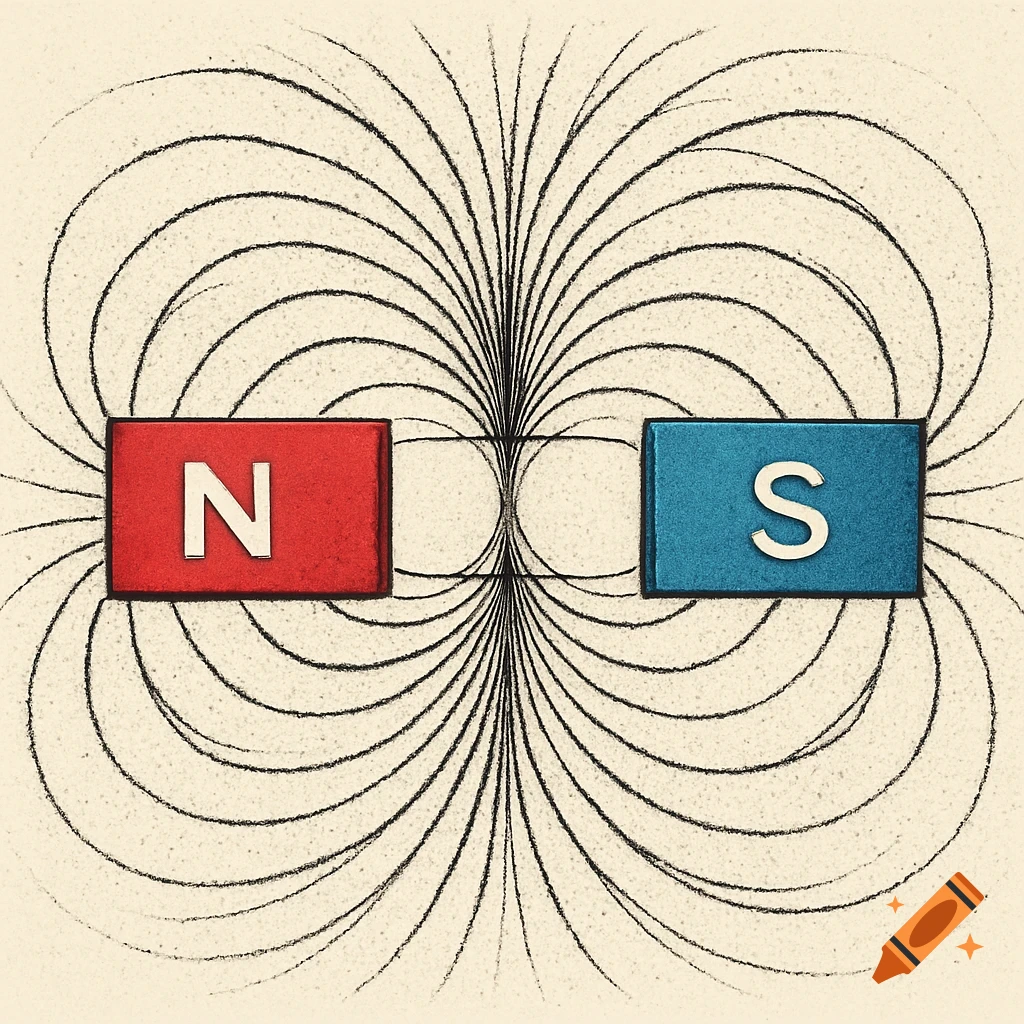 Diagram showing magnetic field lines between red N and blue S bar magnets.