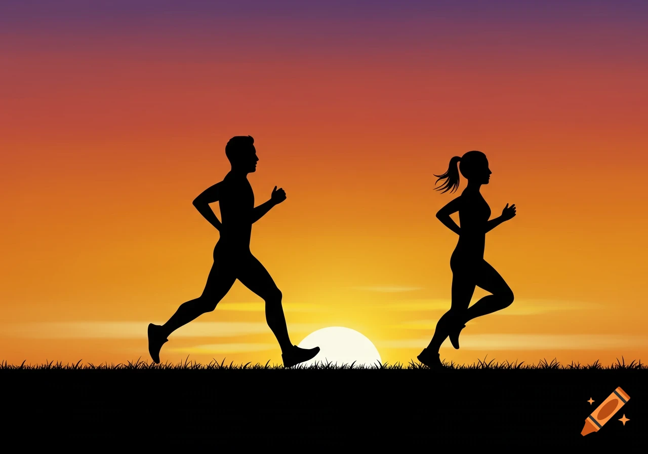 Silhouettes of a man and woman running at sunset