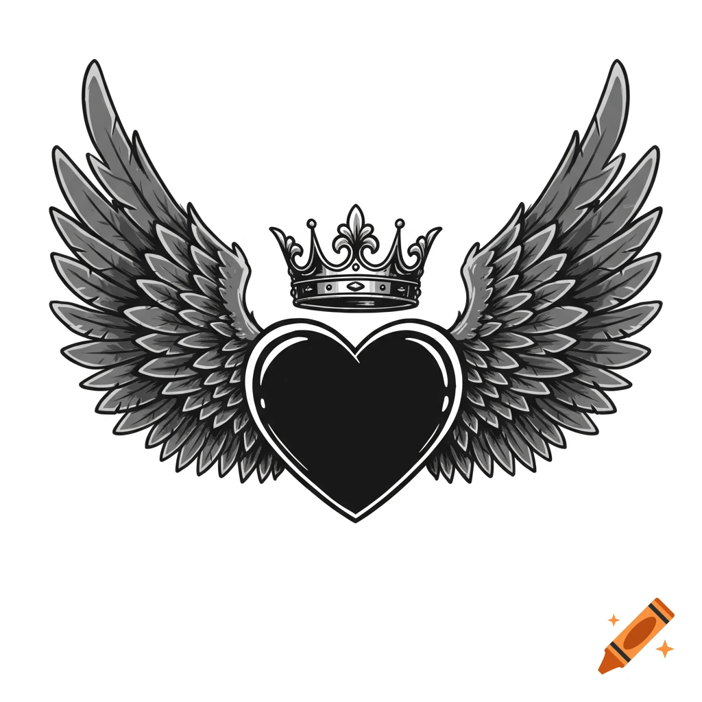 Black heart with large wings and crown illustration