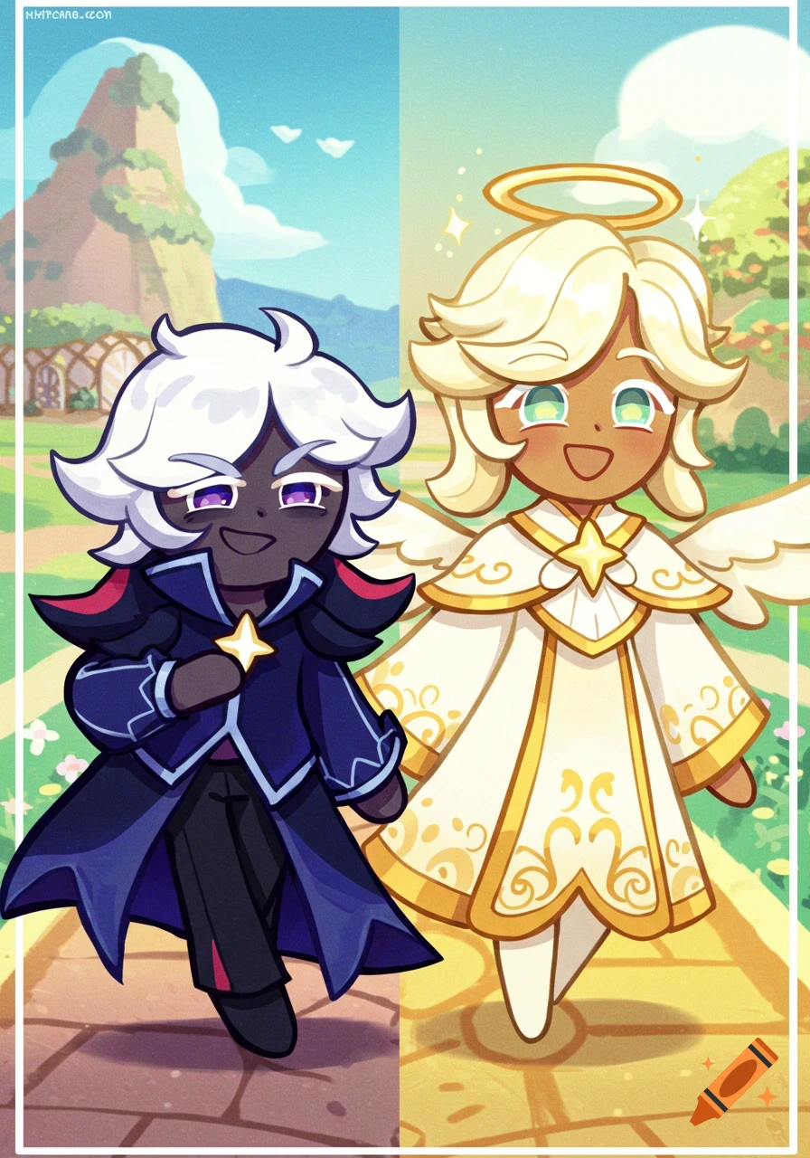 Two Cookie Run characters, one dark and one light with wings, walk on a split path with fantasy backgrounds.