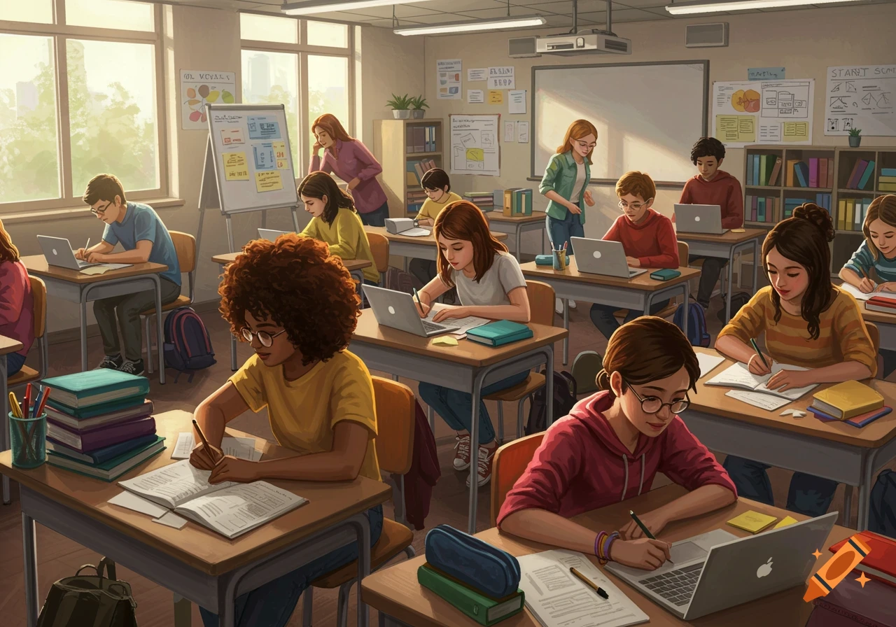 Illustrative scene of students working at desks in a sunlit classroom ...