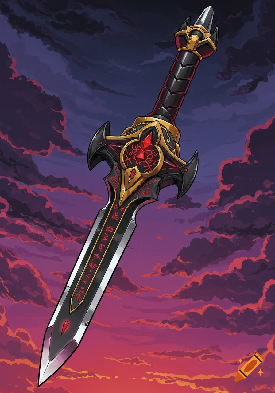 Fantasy dragon dagger sword with runes against a sunset sky.