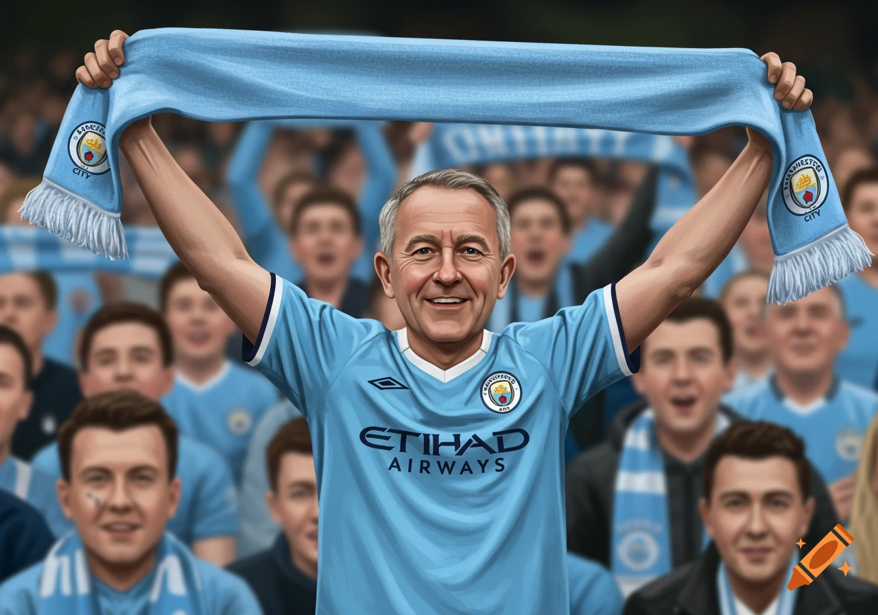 Illustration of a man in a blue football jersey holding a scarf overhead, smiling in a blurry crowd.