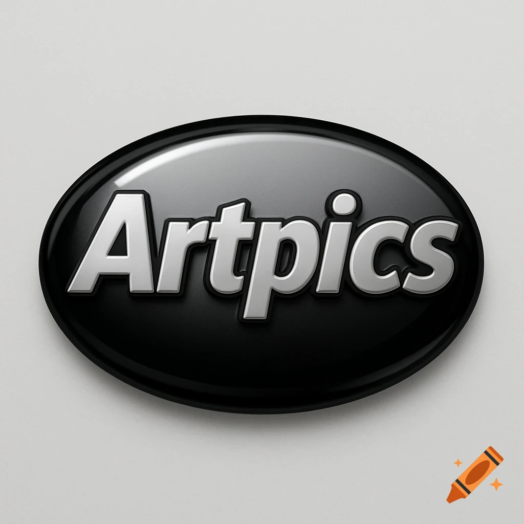 A 3D glossy black and grey oval logo with the text Artpics