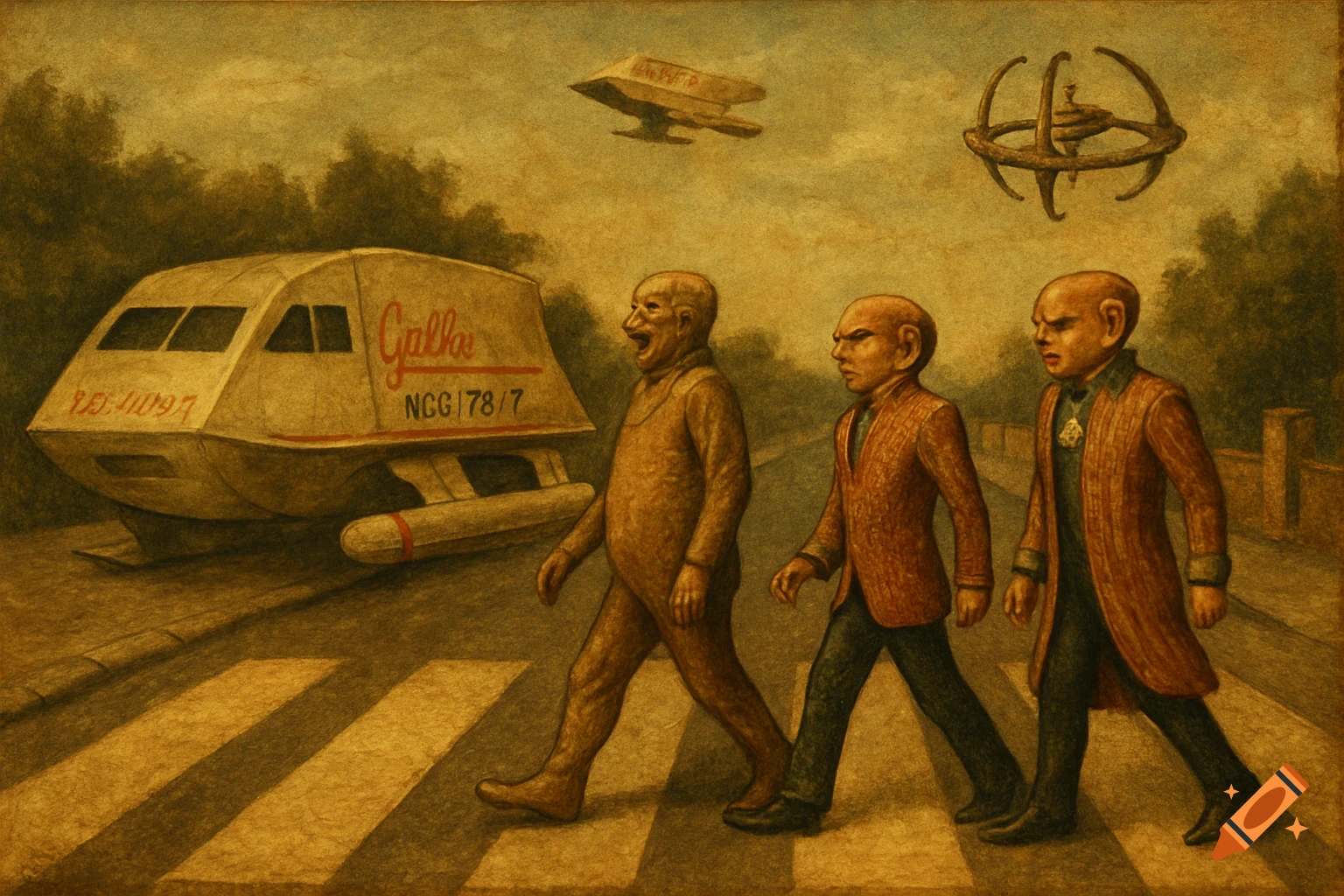 Star Trek characters cross Abbey Road style crosswalk in old painting with shuttle and space station.