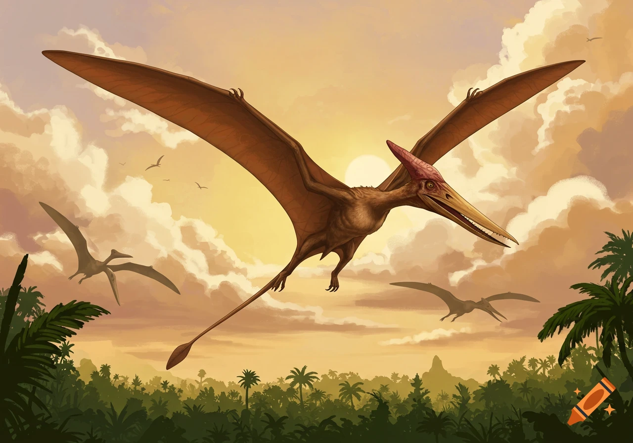 Illustration of several pterodactyls flying over a prehistoric jungle at sunset.