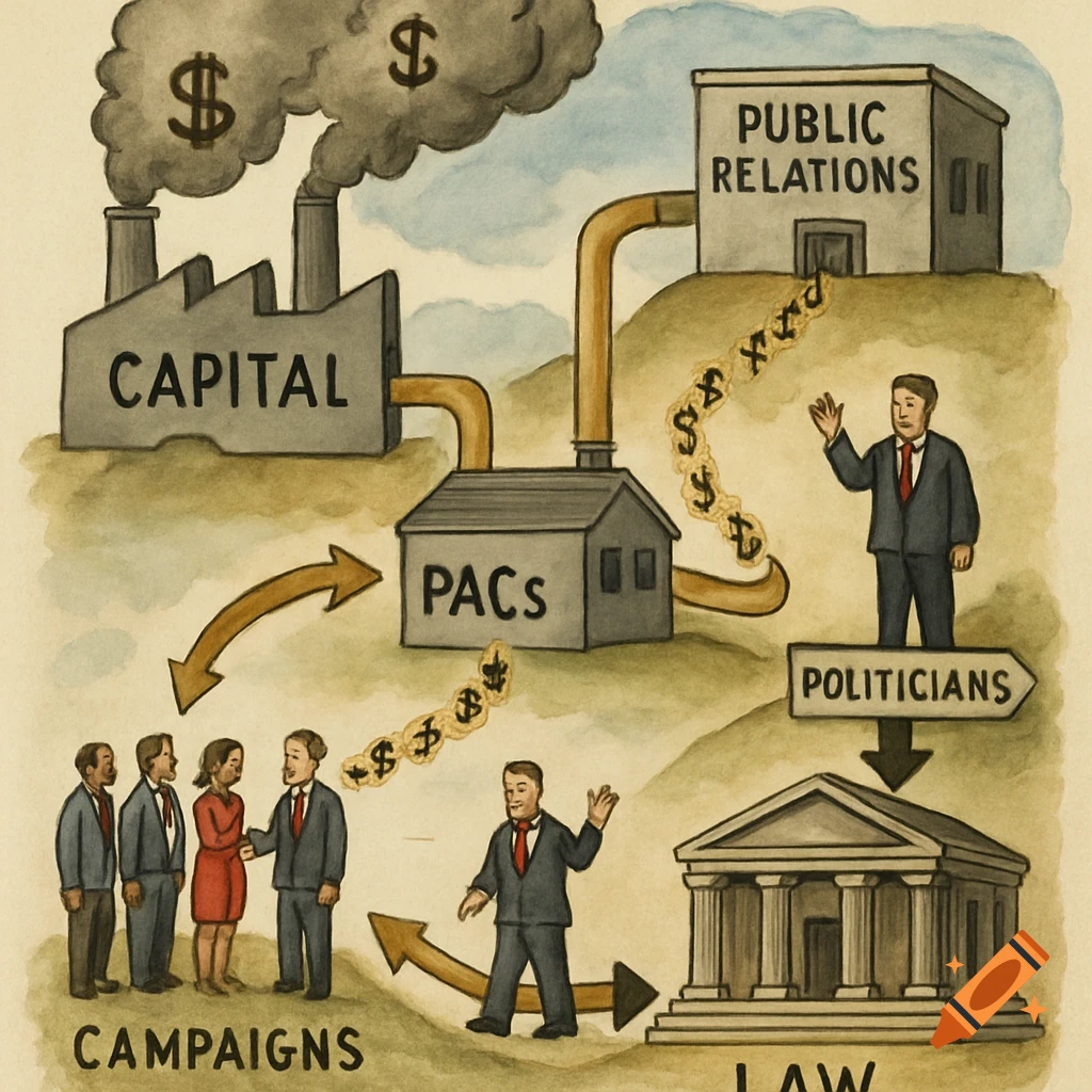 A watercolor diagram illustrating the flow of capital through PACs and public relations to politicians and campaigns, influencing law.