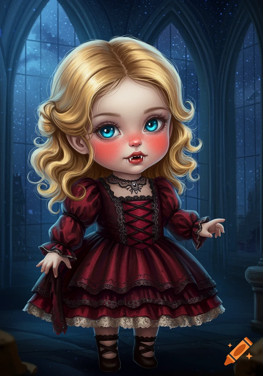 Stylized illustration of a cute blonde vampire child in a red dress.