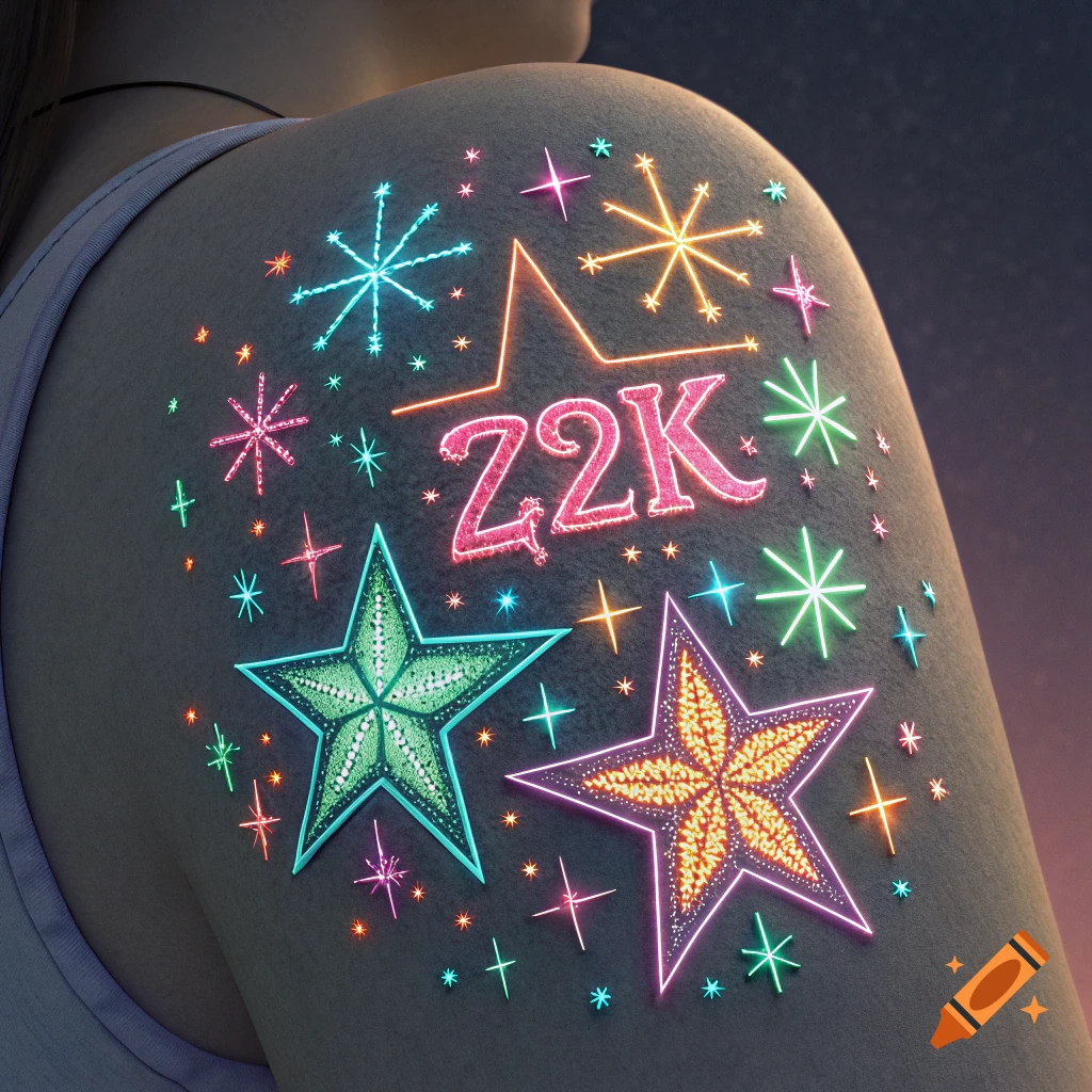 Neon style tattoo on a shoulder with glowing stars and 'Z2K' text.
