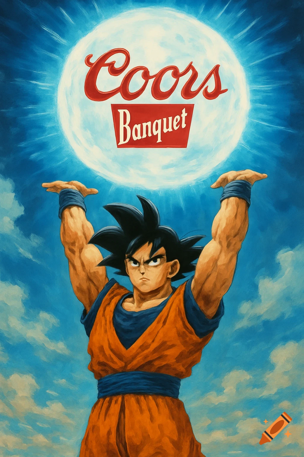 Goku raises a large sphere labeled Coors Banquet, resembling a Spirit Bomb, against a cloudy blue sky in a painterly style.