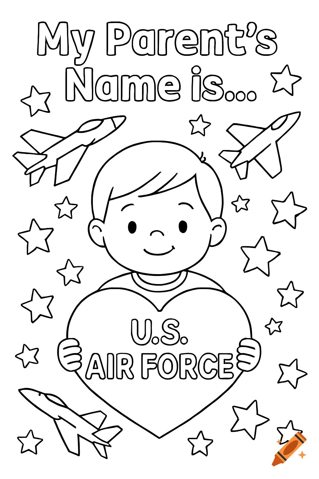 A coloring page featuring a cartoon child holding a heart with U.S. Air Force text, surrounded by airplanes and stars.