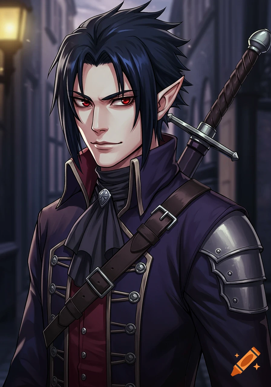 Anime portrait of a male vampire with dark hair, red eyes, and elf ears, wearing Victorian clothes and a sword.