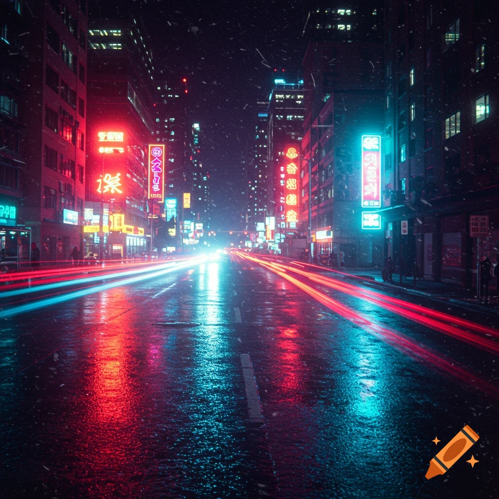 Rainy city street at night with red and blue light trails from cars and brightly lit neon signs on buildings.