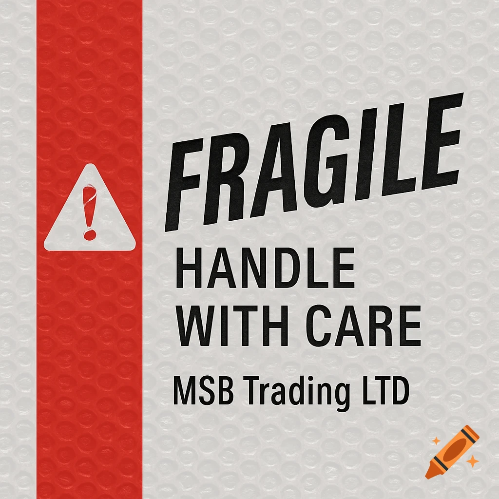 A fragile shipping label on a bubble wrap texture background with text