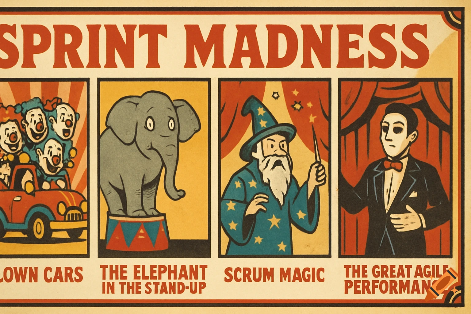 Vintage circus-style poster titled 'SPRINT MADNESS' with panels featuring clowns, an elephant, a wizard, and a masked performer.