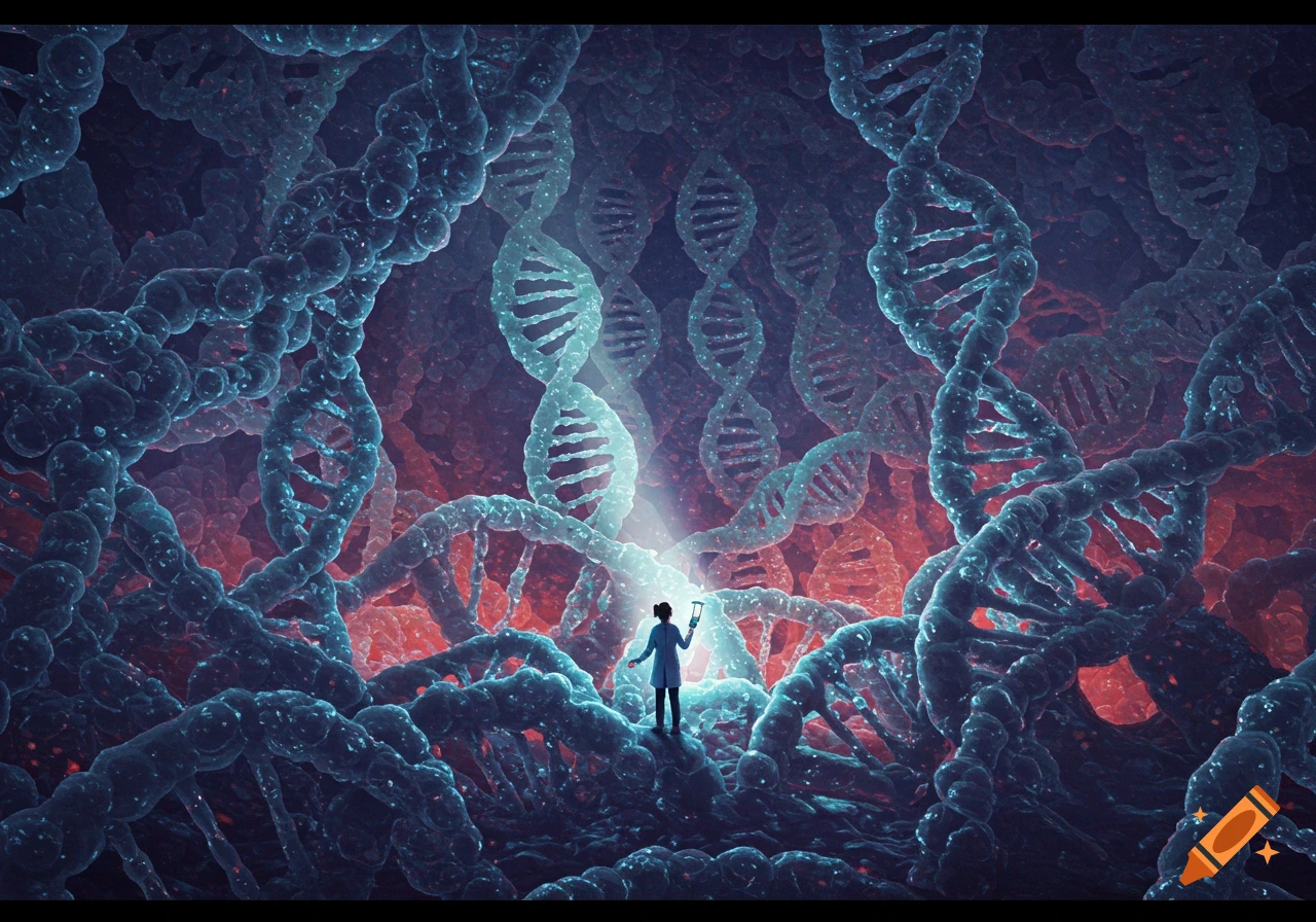 A scientist stands in a cavernous structure made of illuminated DNA helices, holding a light.