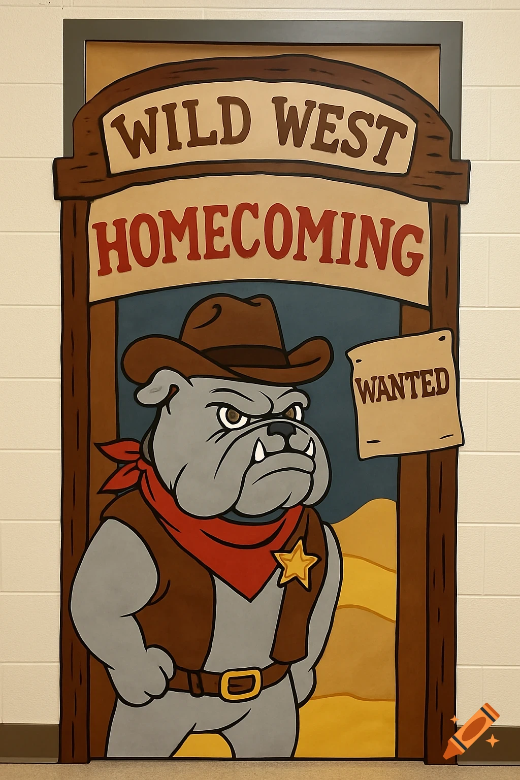 Cartoon bulldog cowboy at a Wild West themed doorway decoration with 'WILD WEST HOMECOMING' text.