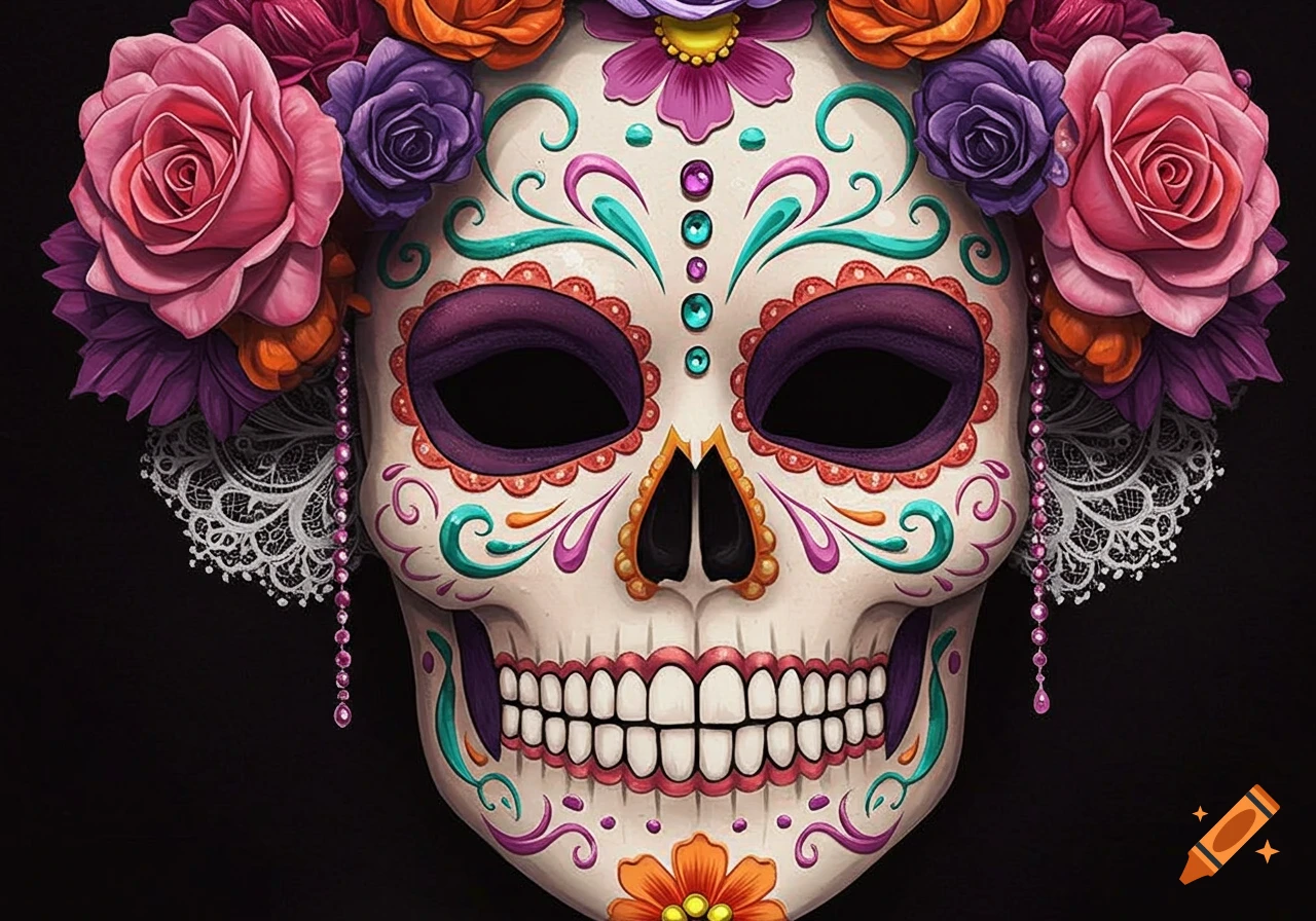Day of the Dead skull mask decorated with colorful flowers, jewels, and lace