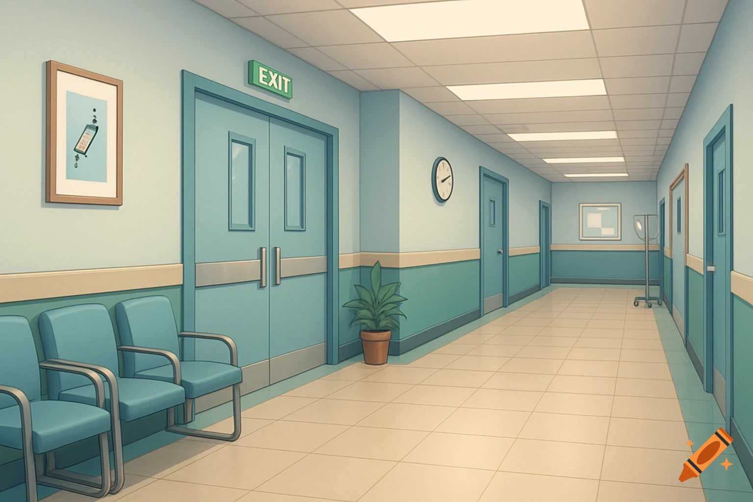 Digital illustration of a hospital hallway interior