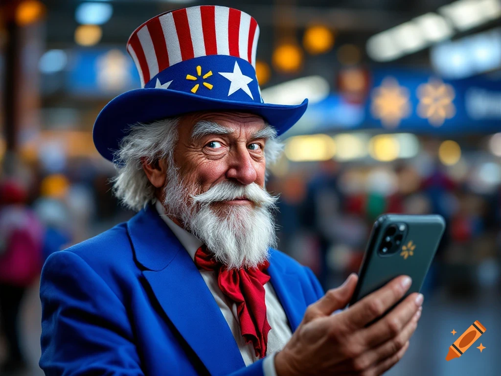Uncle Sam in a Walmart-like setting looks at a smartphone with a Walmart logo.
