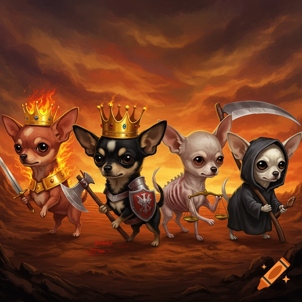 Four chihuahuas are dressed as the Four Horsemen of the Apocalypse standing on a rocky, fiery landscape.