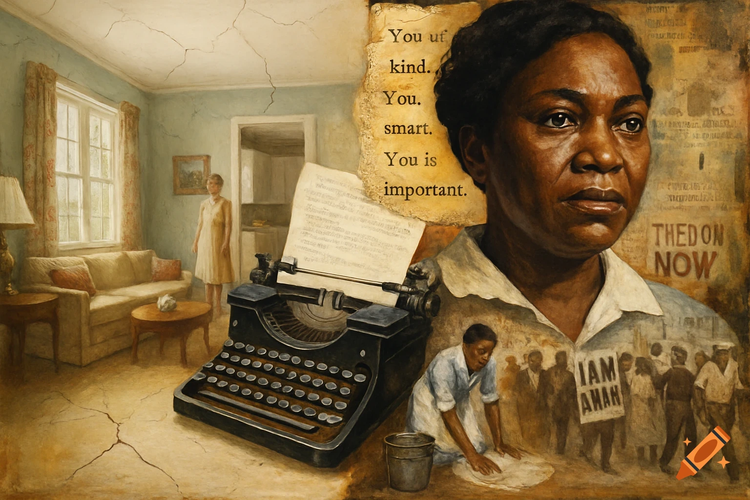 Mixed media artwork depicting a 1960s household, a portrait of Aibileen Clark, a typewriter, domestic labor, and Civil Rights protest scenes with integrated text.