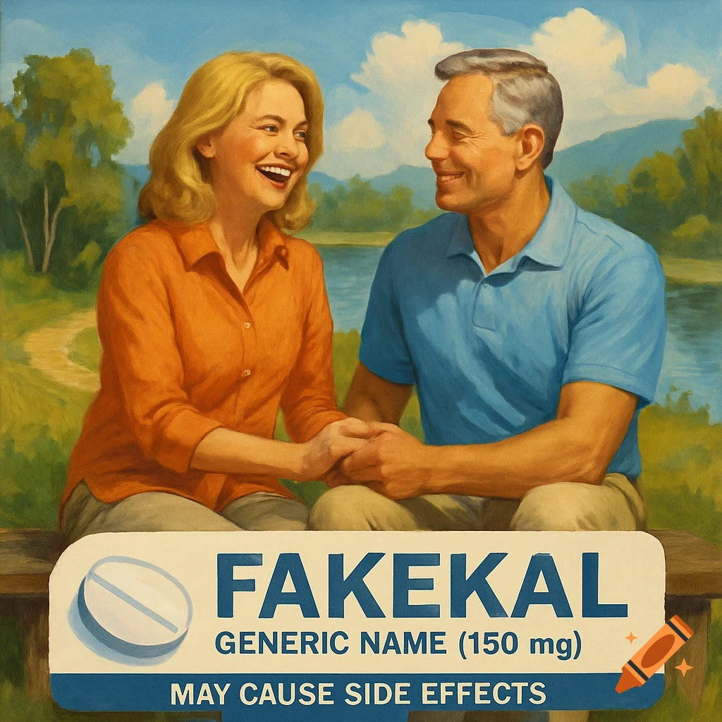 Painting of a smiling couple holding hands behind a sign for a fake drug, parodying a pharmaceutical ad.