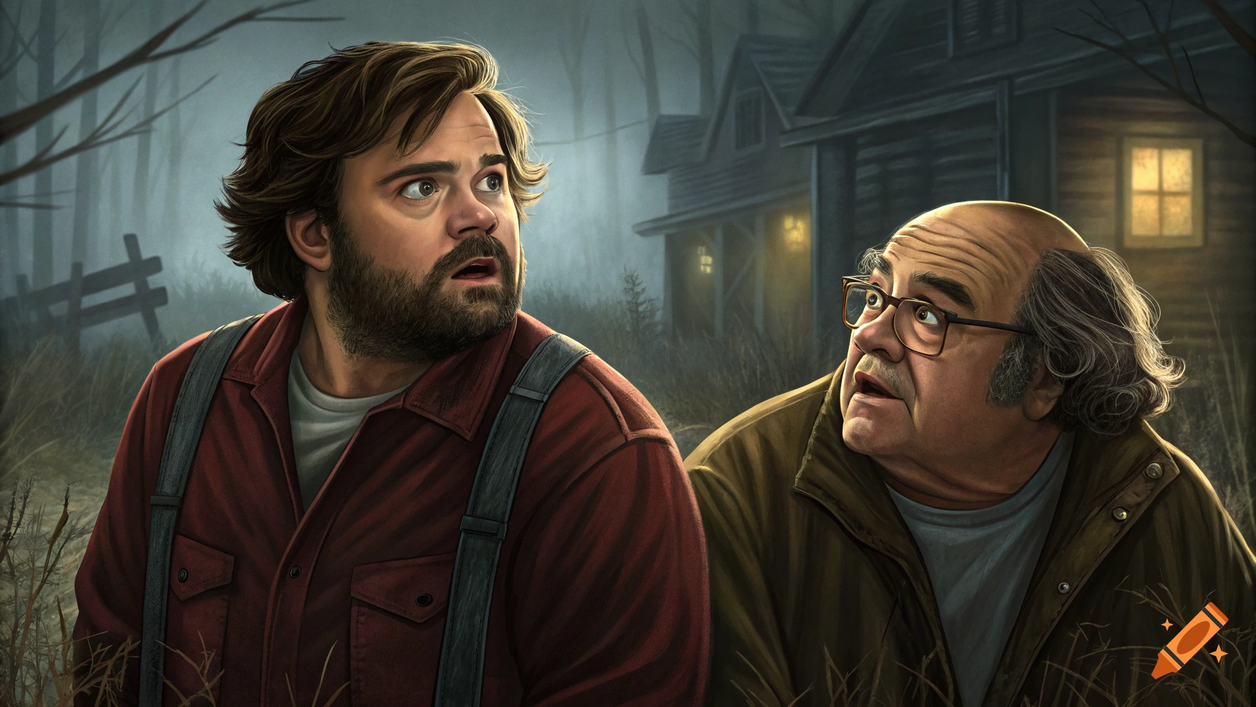 Stylized portraits of Jack Black and Danny Devito looking scared in a foggy forest with a cabin.