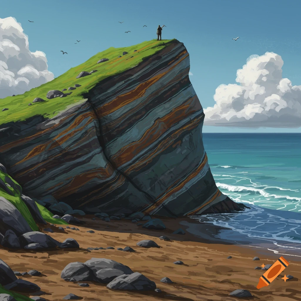 A person stands atop a cliff showing layered geological strata overlooking a beach and ocean, painted style.