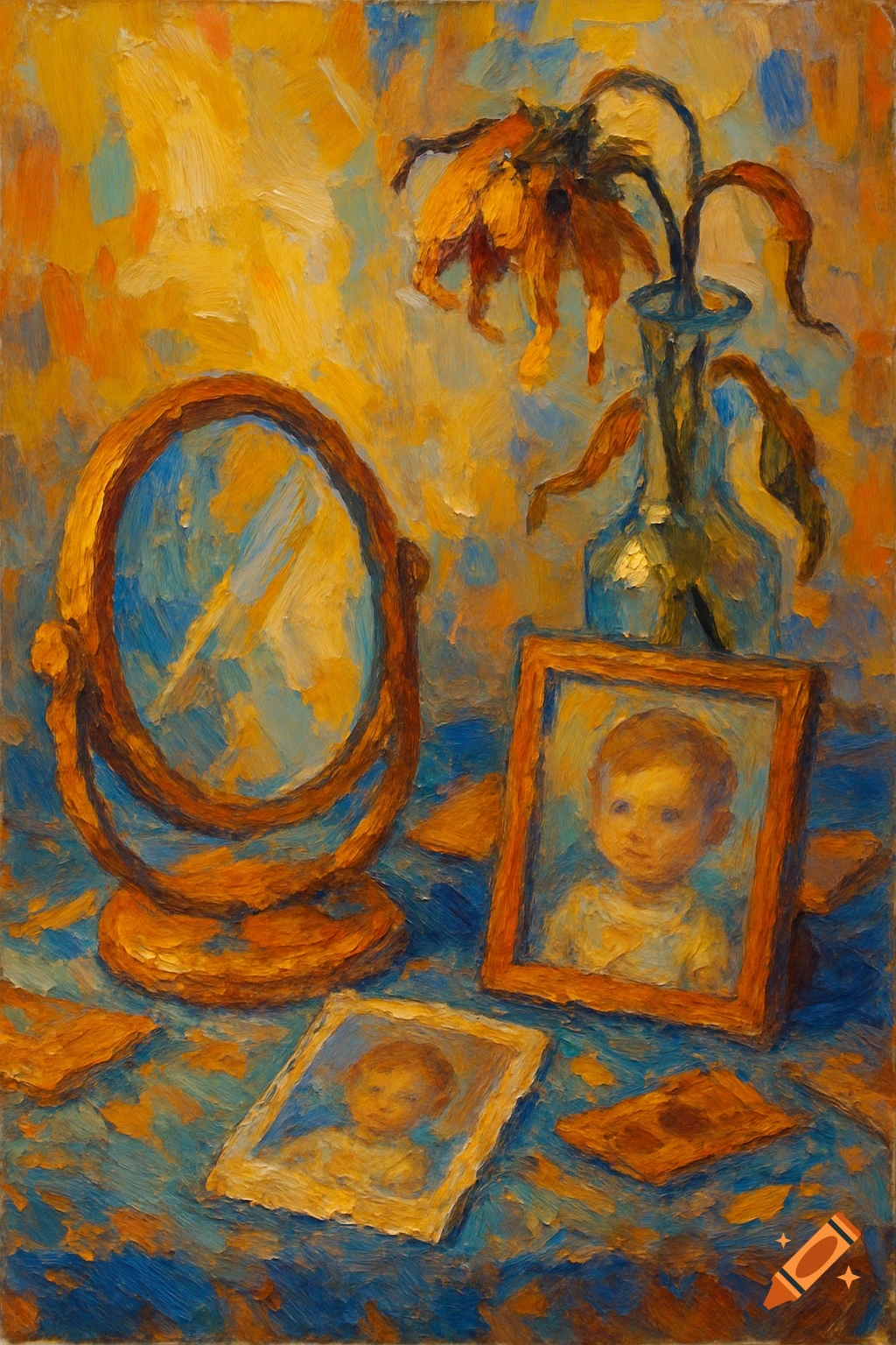 An impressionistic still life painting with thick brushstrokes, showing a mirror, vase with flowers, and framed photos of a child.