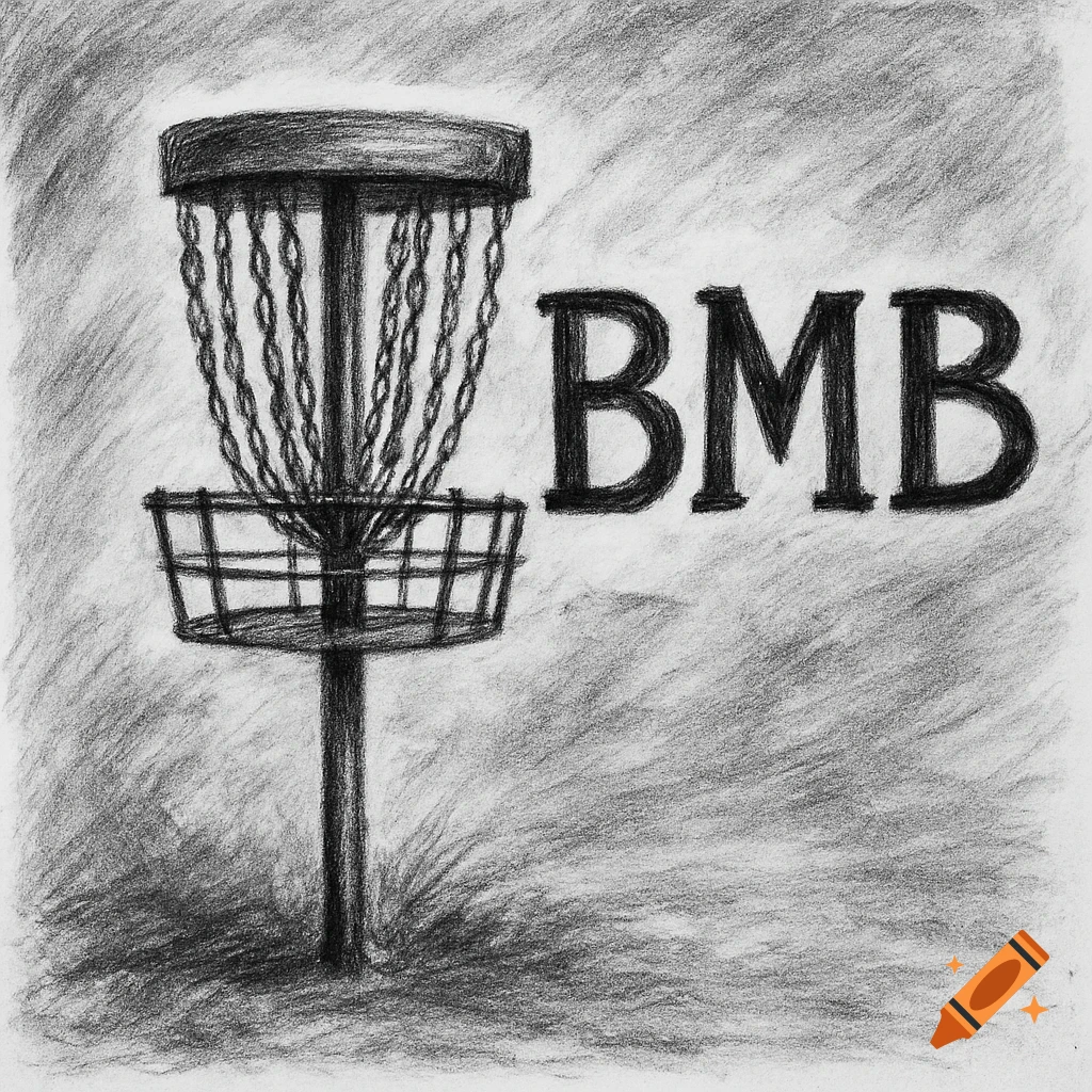 Black and white sketch of a disc golf basket and the initials BMB.