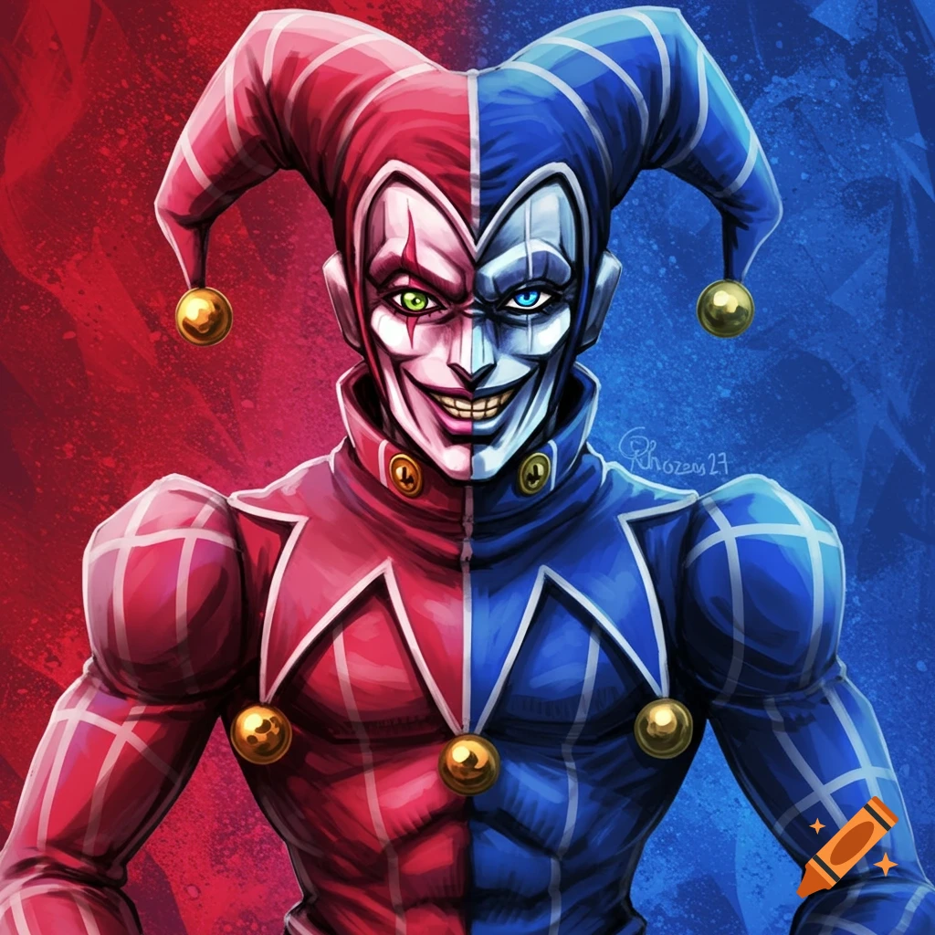 Stylized portrait of a jester character with a red and blue split design.