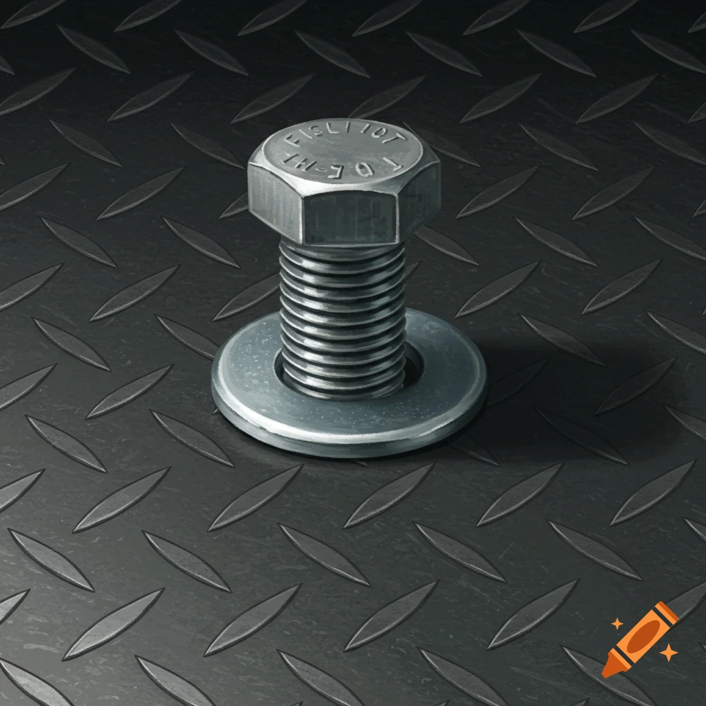Close-up of a bolt and washer on a metal diamond plate surface.