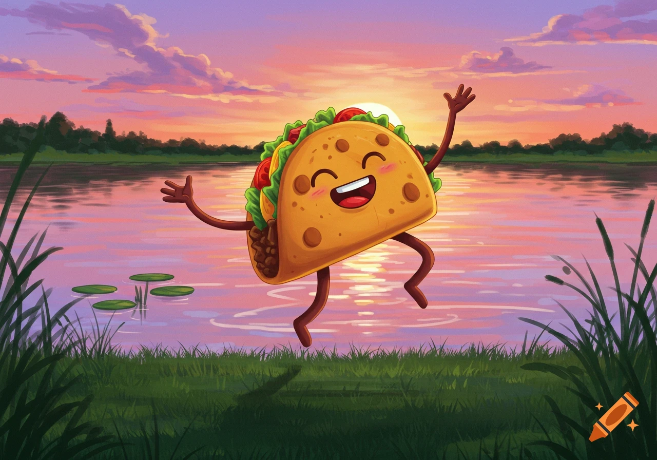 A cartoon taco character dances happily by a lake at sunset.