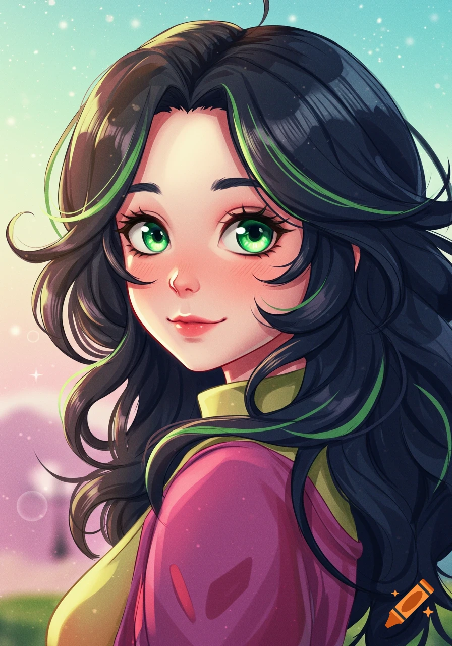 An anime portrait of a girl with long black curly hair and green eyes ...