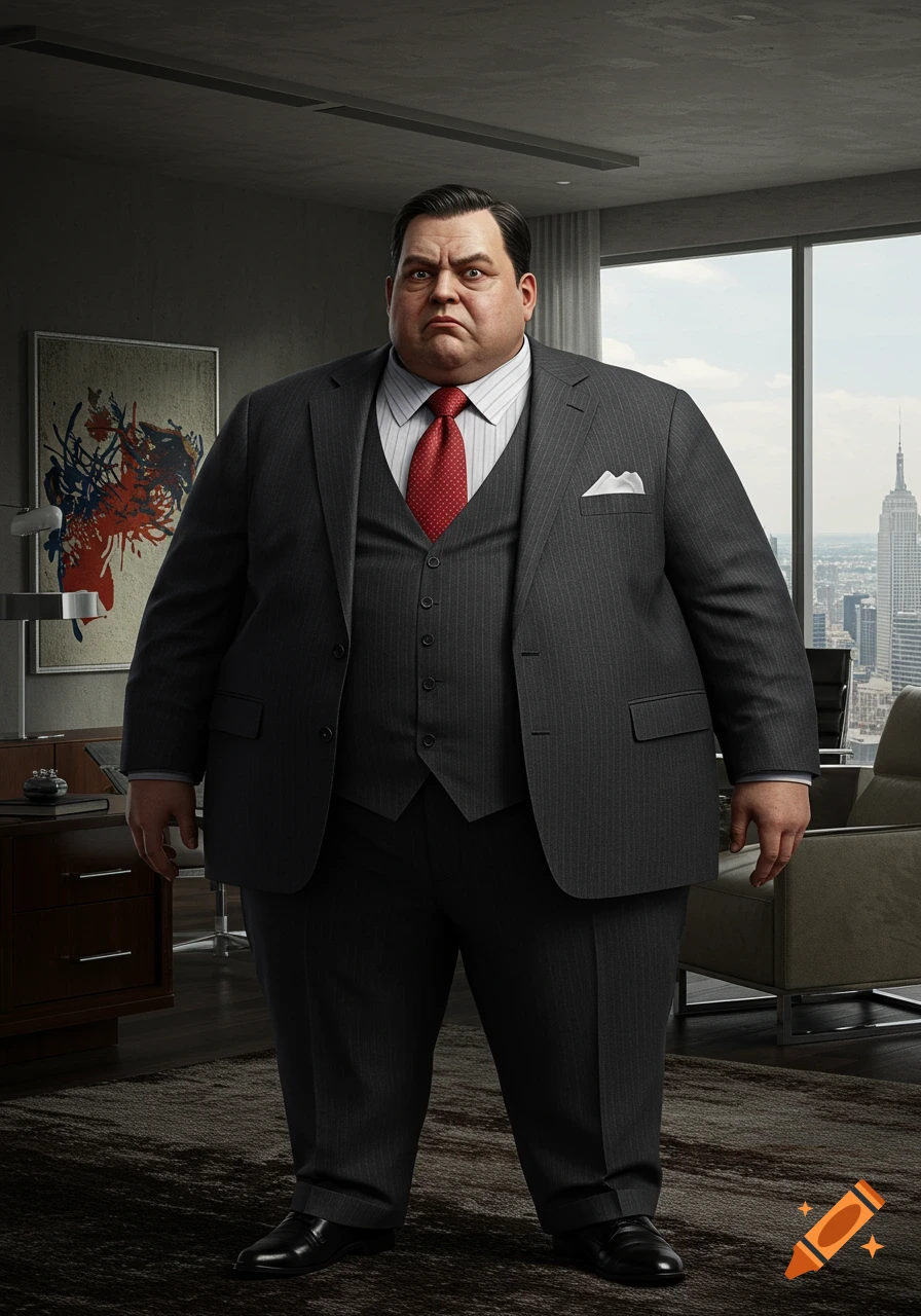 A heavy-set man in a suit stands in a lavish office with a city view.