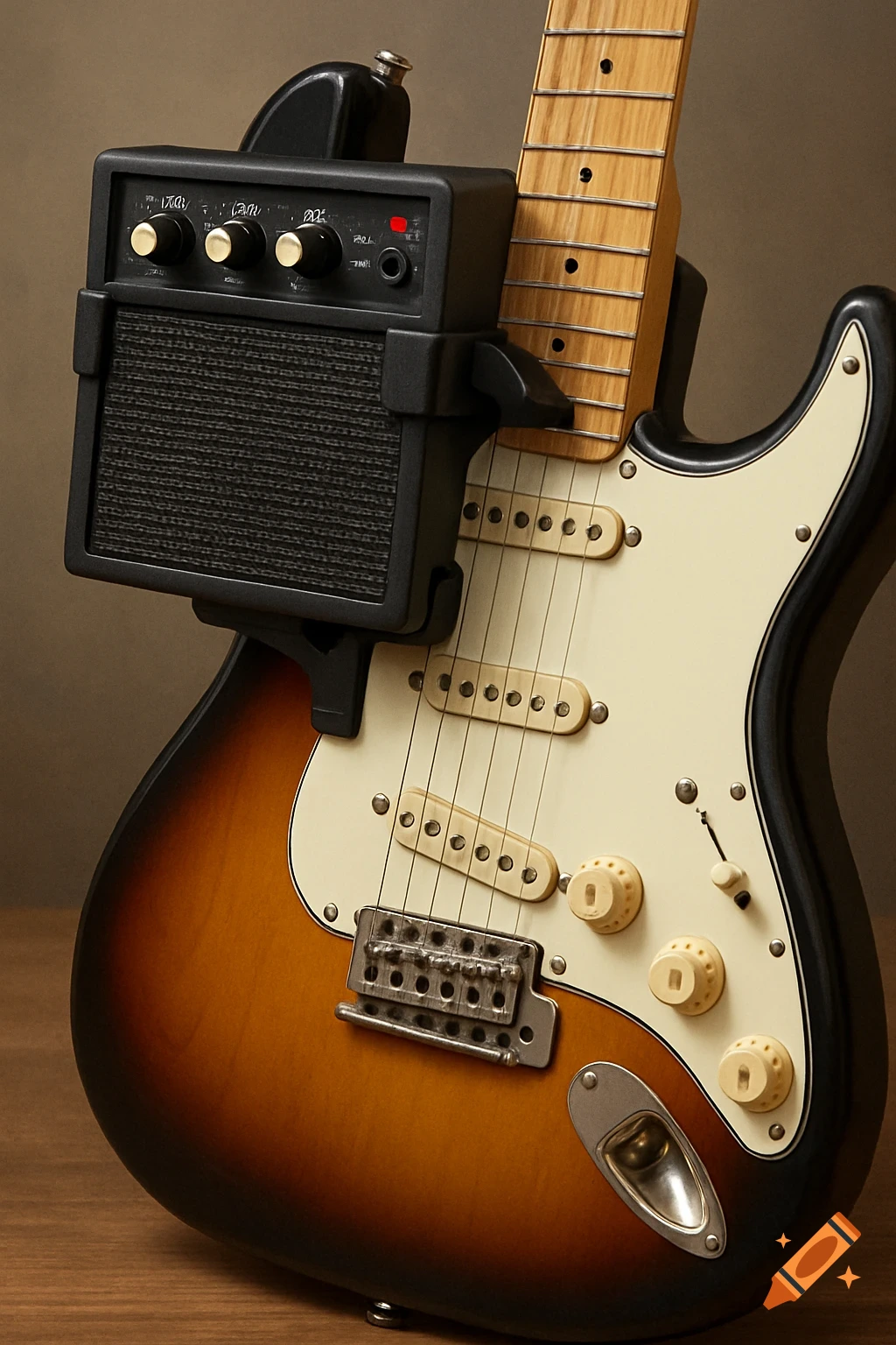 Close-up of a sunburst electric guitar with a mini-amplifier attached