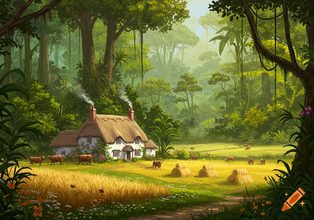 A quaint cottage in a field with cows, surrounded by lush jungle foliage, illustrated.