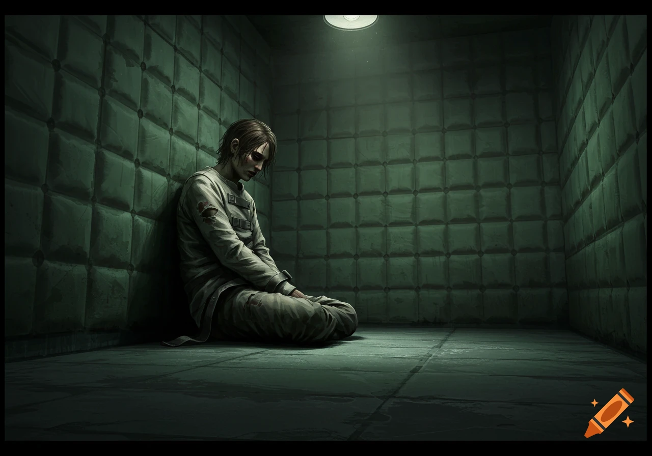 Person sitting cross-legged against the wall of a padded room, lit by a single overhead light.
