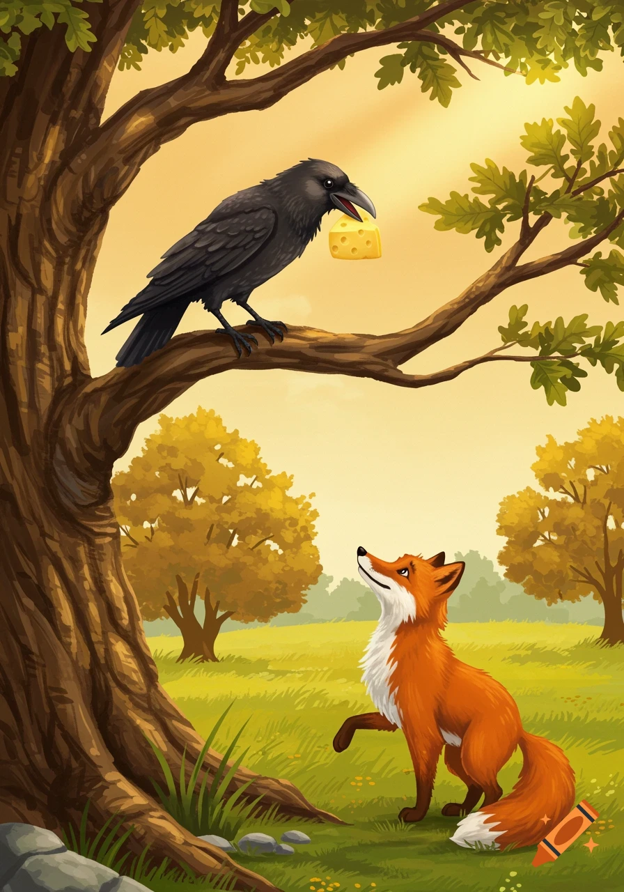 An illustration of a crow with cheese in a tree looking at a fox in a field below.