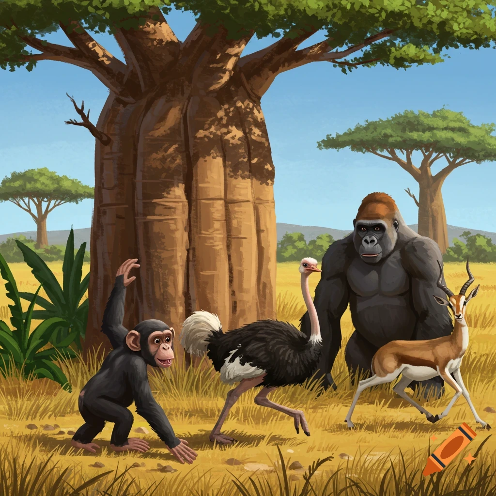 Illustration of a chimpanzee, ostrich, and antelope near a gorilla and a large tree in a grassy safari landscape.