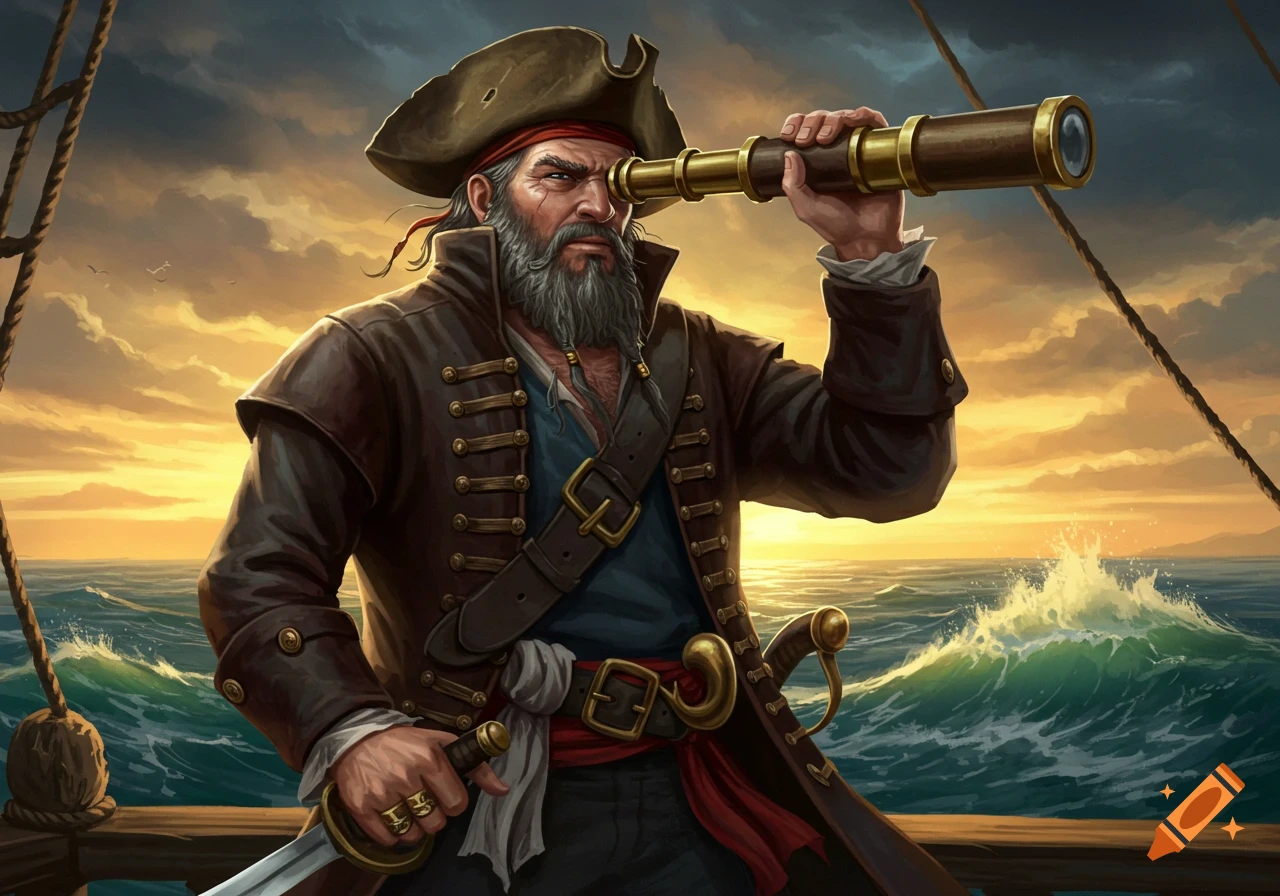 Illustration of a pirate on a ship looking through a telescope at sunset