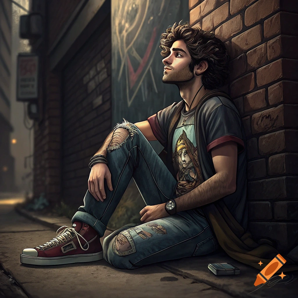 A young man sits on the ground leaning against a brick wall with graffiti