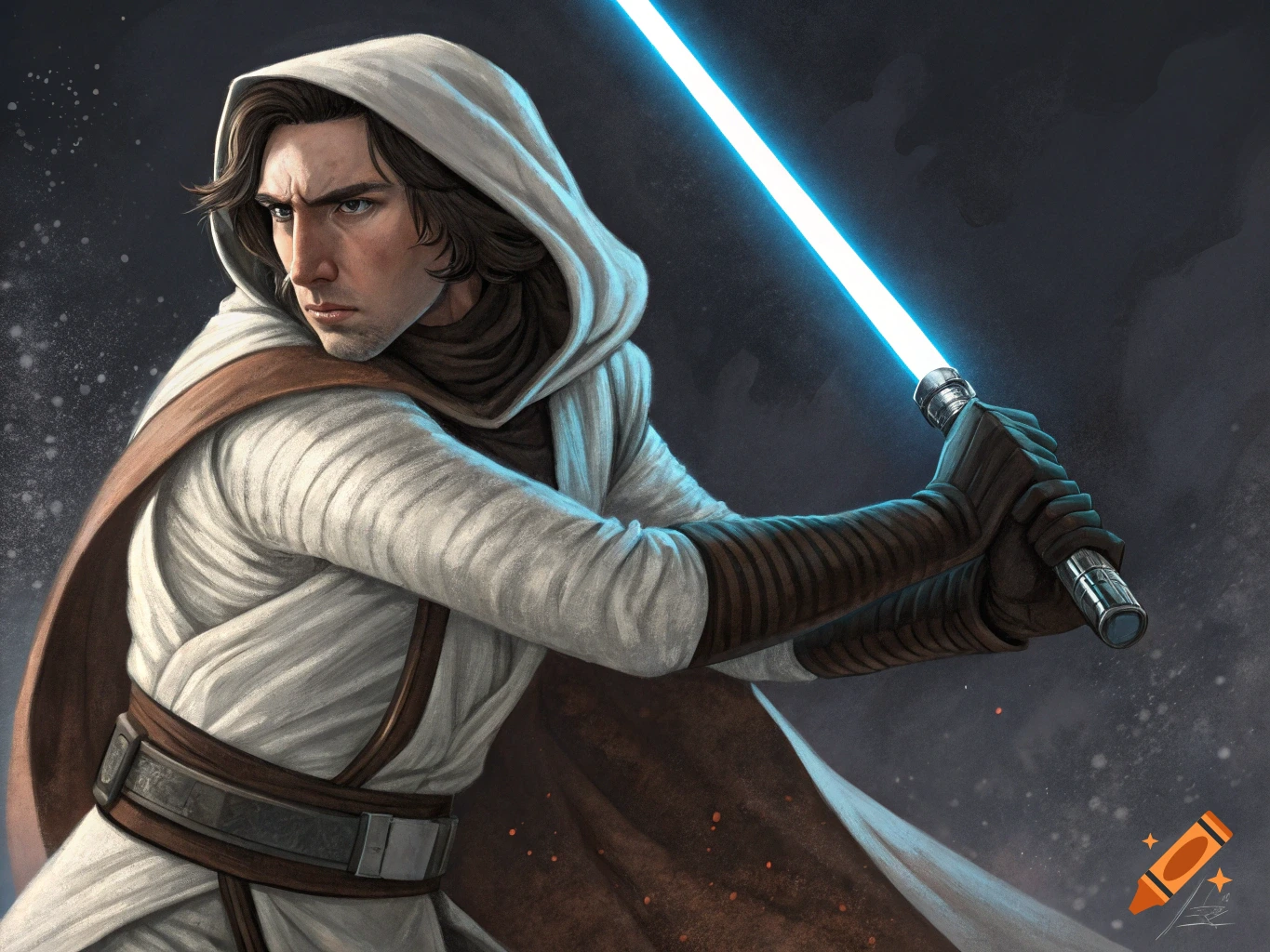Character resembling Kylo Ren or Cal Kestis in a hooded robe holding a blue lightsaber.