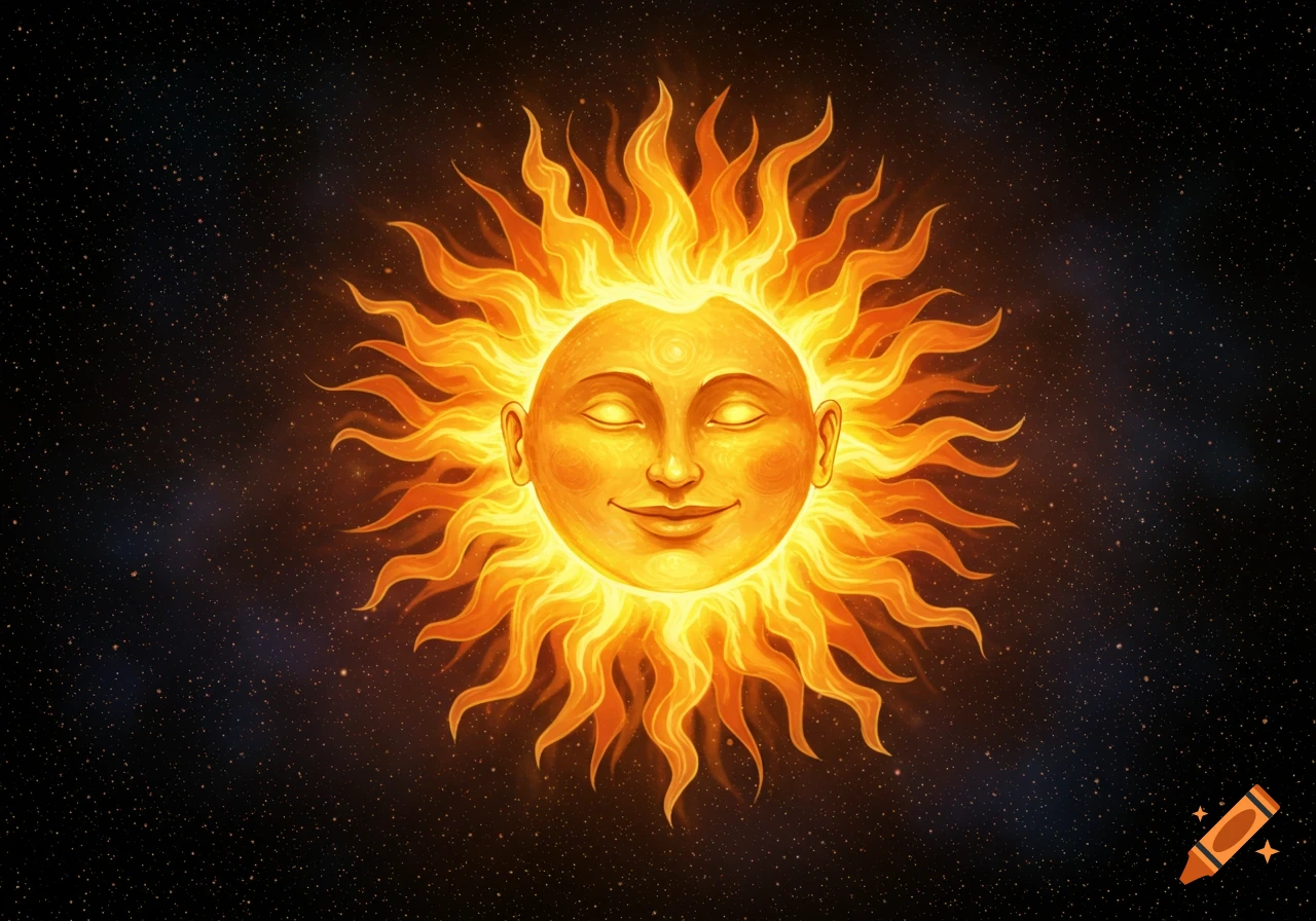 A humanized sun with a smiling face and wavy rays against a starry space background.
