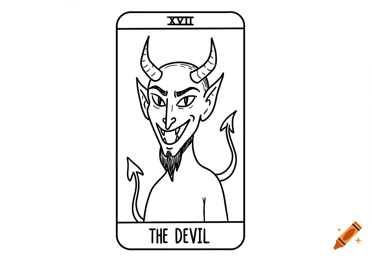 Black and white line art of The Devil tarot card showing a devil with horns and tail.