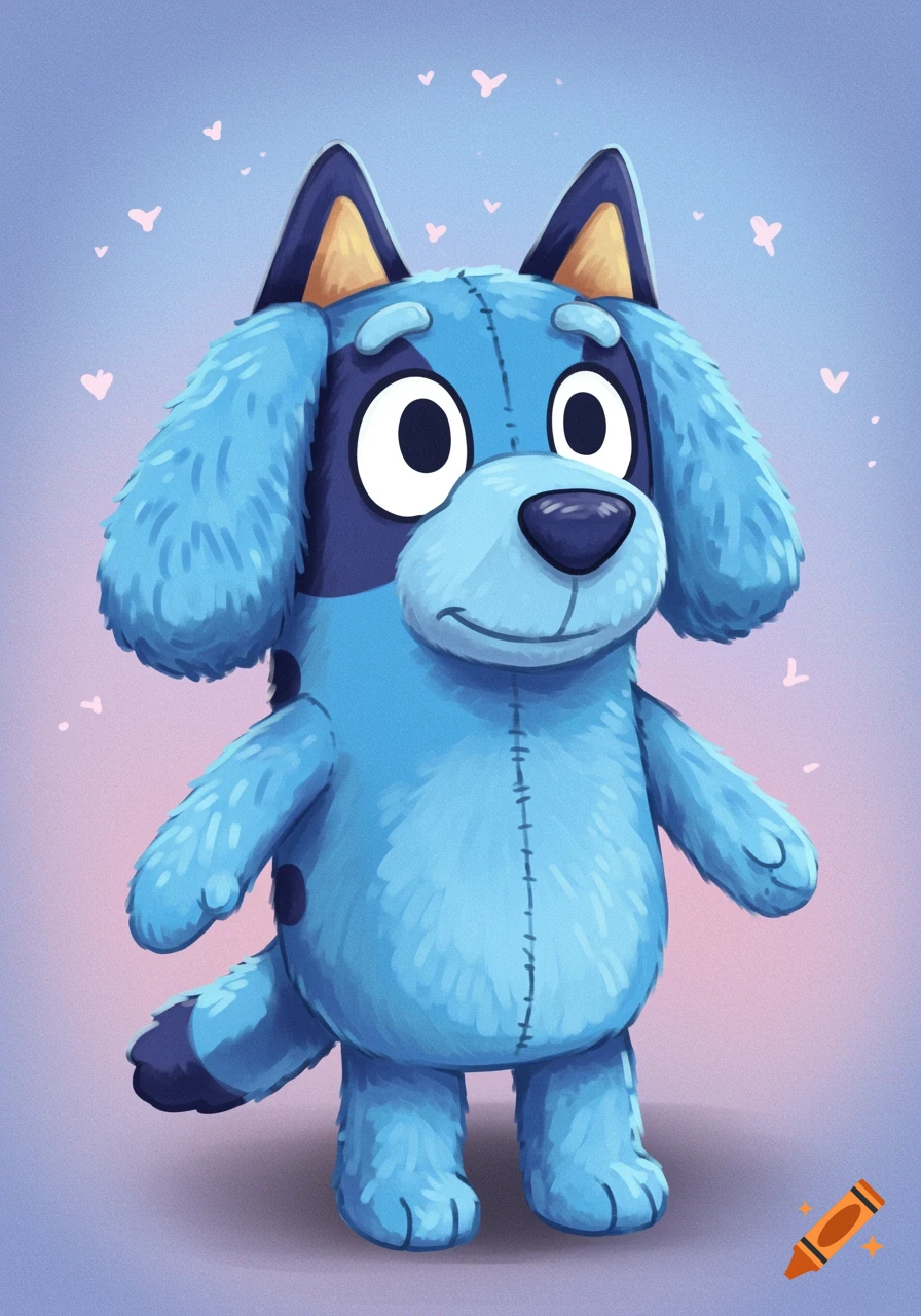 Illustration of a Bluey plush toy standing against a soft gradient background with hearts.