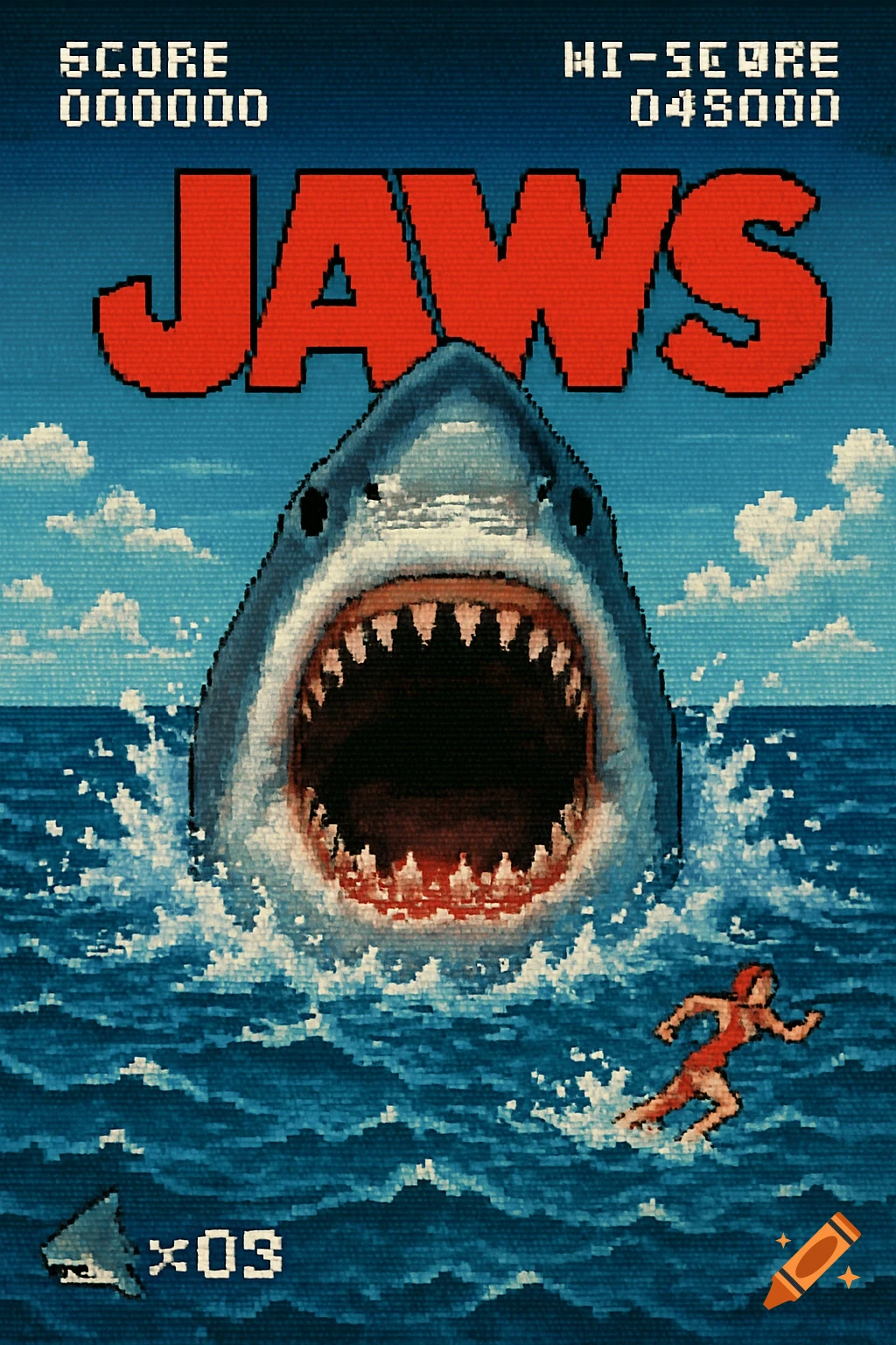 Pixel art image of a giant shark attacking a swimmer in the ocean, with arcade game score and title display.