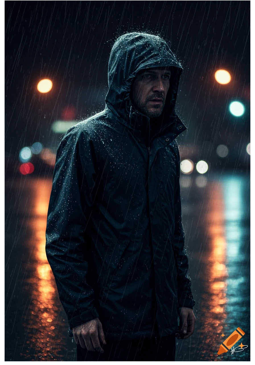 Photorealistic portrait of a man in a rain jacket standing in the rain at night
